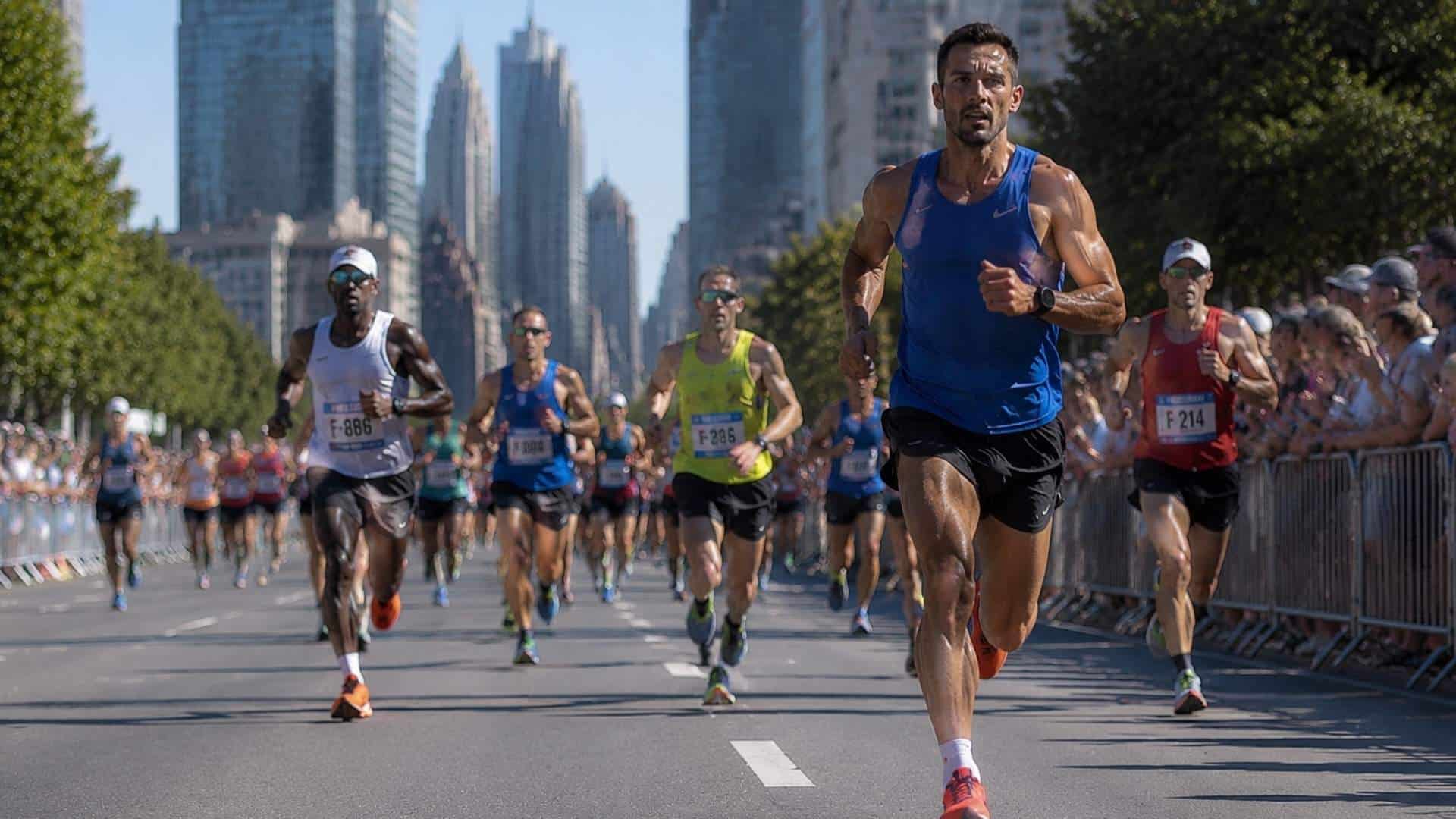 City marathon race with lead runner in blue singlet pushing ahead of pack amid skyscrapers crowd.