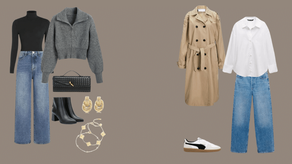 Spring minimalist outfit with a white shirt, lightweight trench, turtleneck sweater, blue denim.