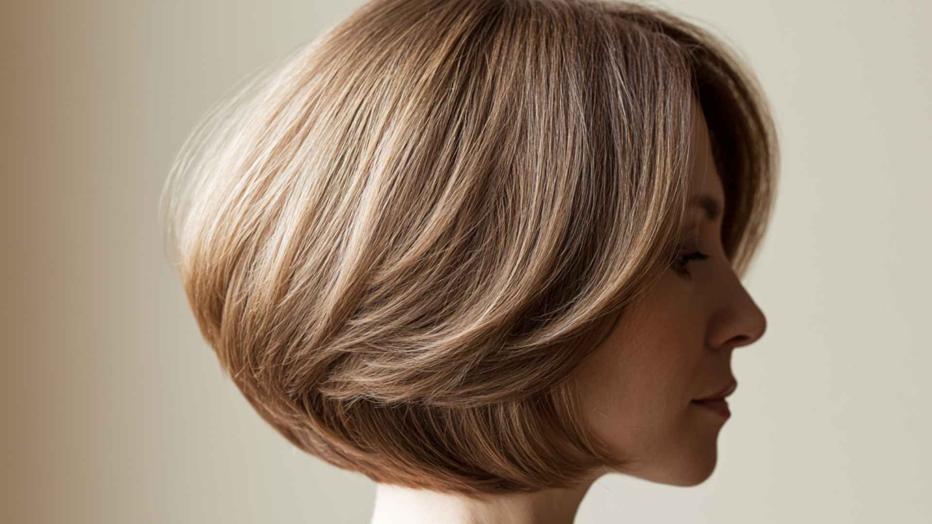 Woman with a stacked layered bob featuring a rounded back and lifted crown volume.