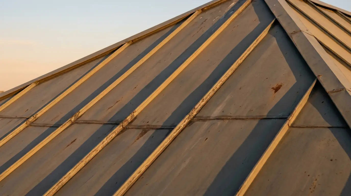 Metallic rooftop panels with visible rust under warm sunlight at sunset angle