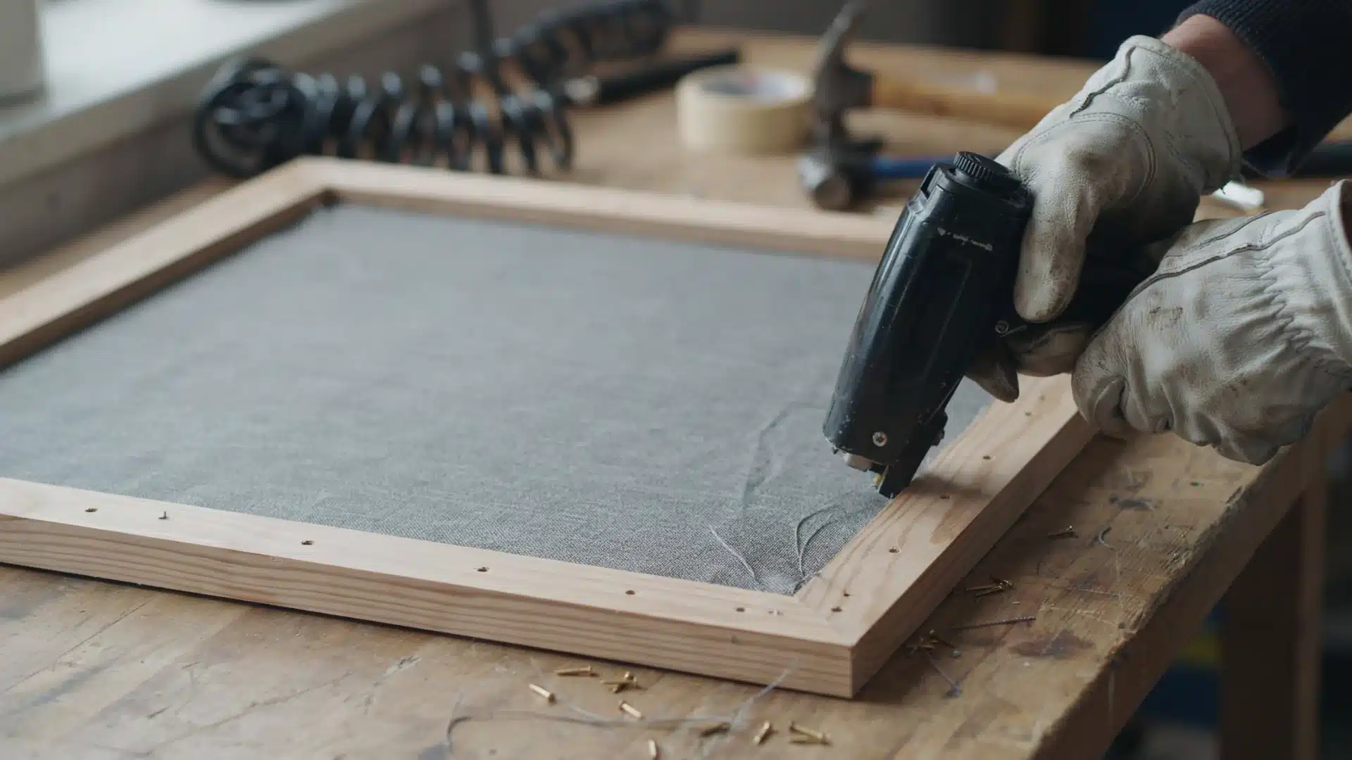 Close up view of crafting fabric panel artwork with a staple gun attaching textile to a wooden frame base