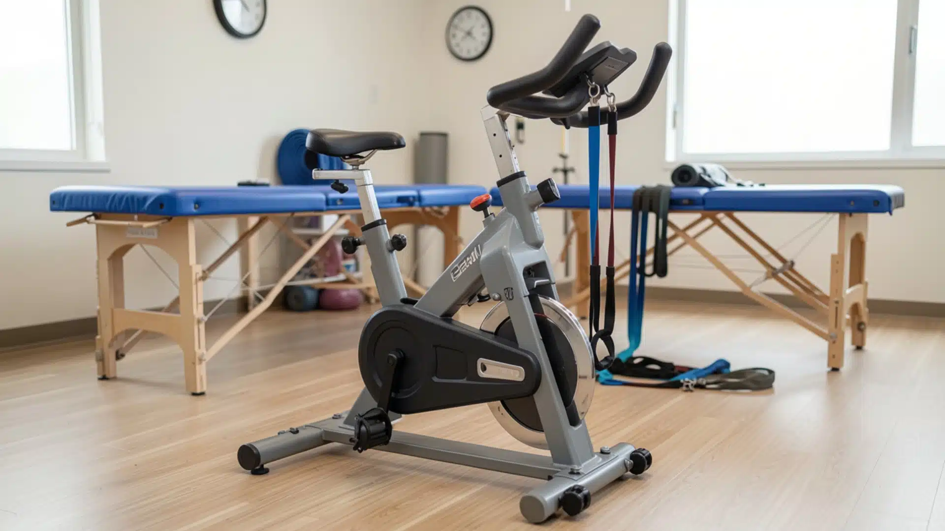 A stationary exercise bike with resistance bands inside a physical therapy treatment room