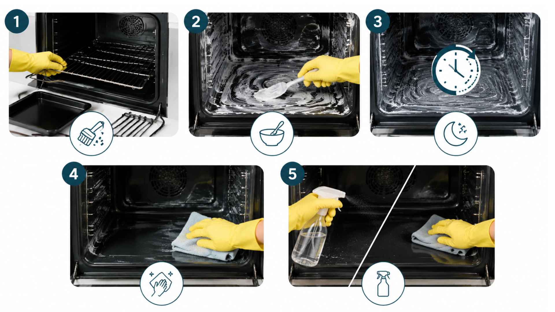 Five-step oven deep cleaning infographic showing prep, baking soda paste, overnight rest, wipe, and final spray clean