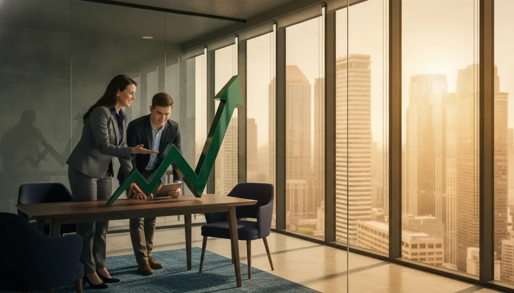 Professionals in suits discussing business growth with upward green arrow in modern office at sunset