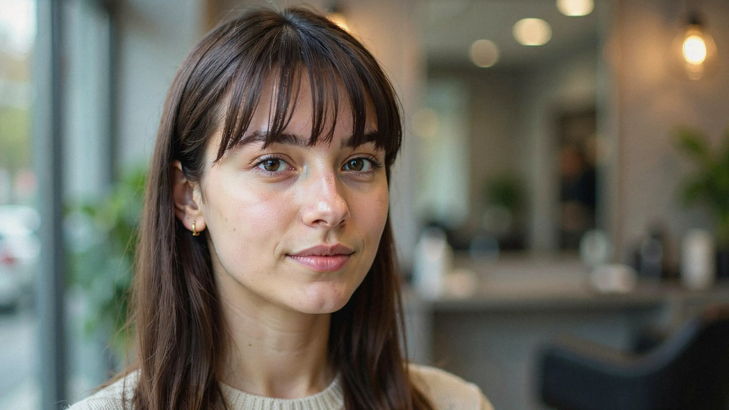 Straight bangs hairstyle with blunt fringe framing the face and sleek medium length hair