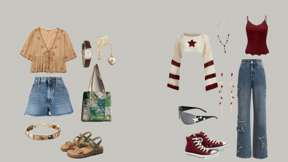 summer indie outfit with crochet top, denim shorts, kimono, sandals, and fringe bag.