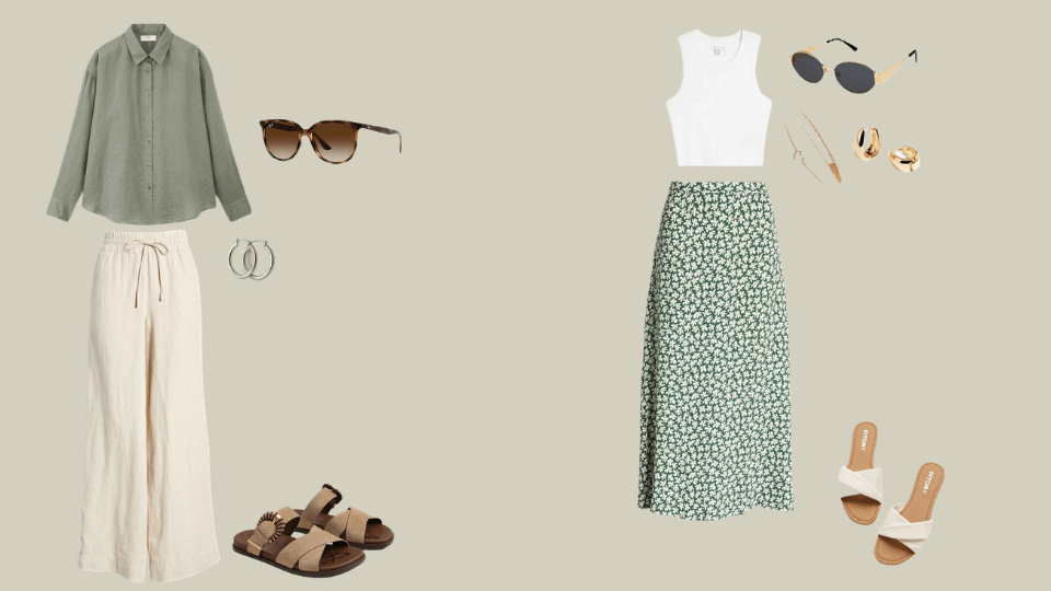 Summer minimalist outfit with a linen shirt, linen trousers, leather sandals, tank top, midi skirt, and gold jewelry.