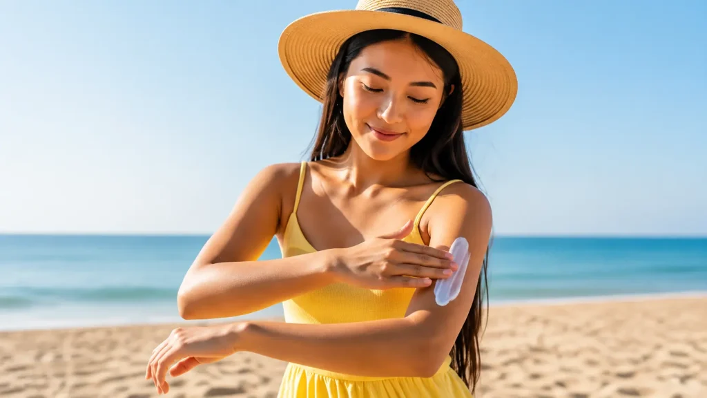 Young woman applying sunscreen on her arm at a sunny beach with ocean background.
