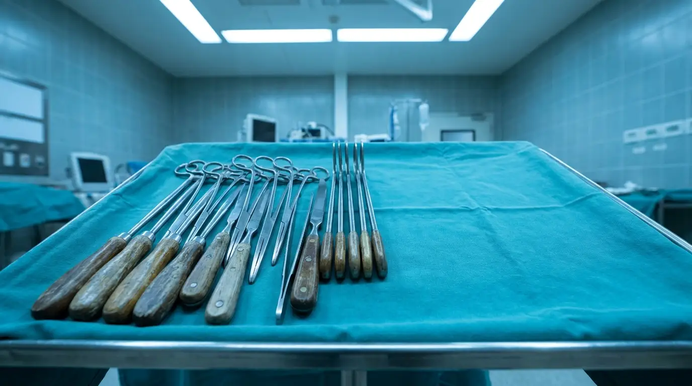 Surgical tools with wooden handles on tray in sterile operating room