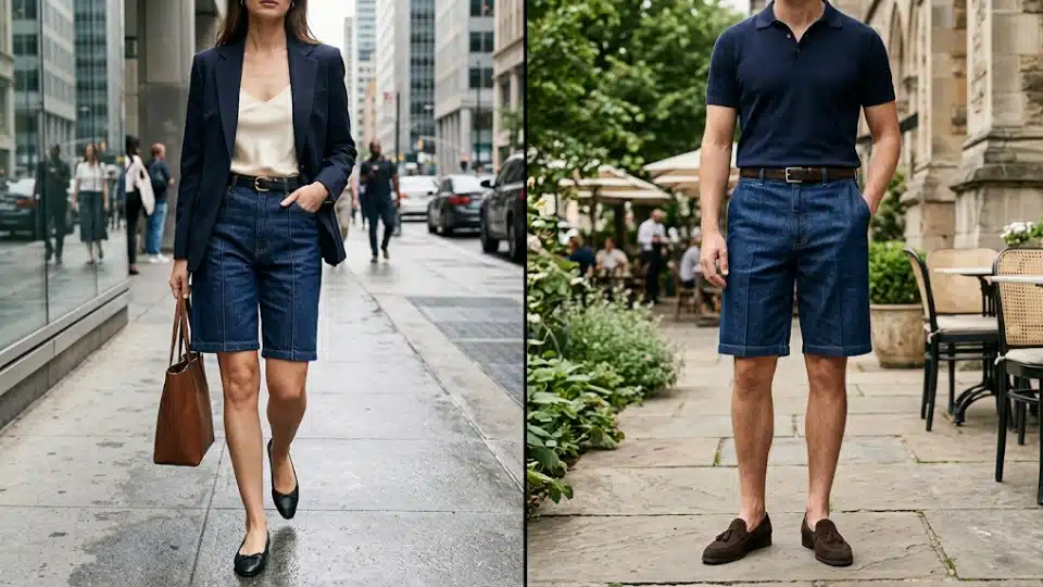 Woman and man wearing tailored jorts with polished smart casual outfits.