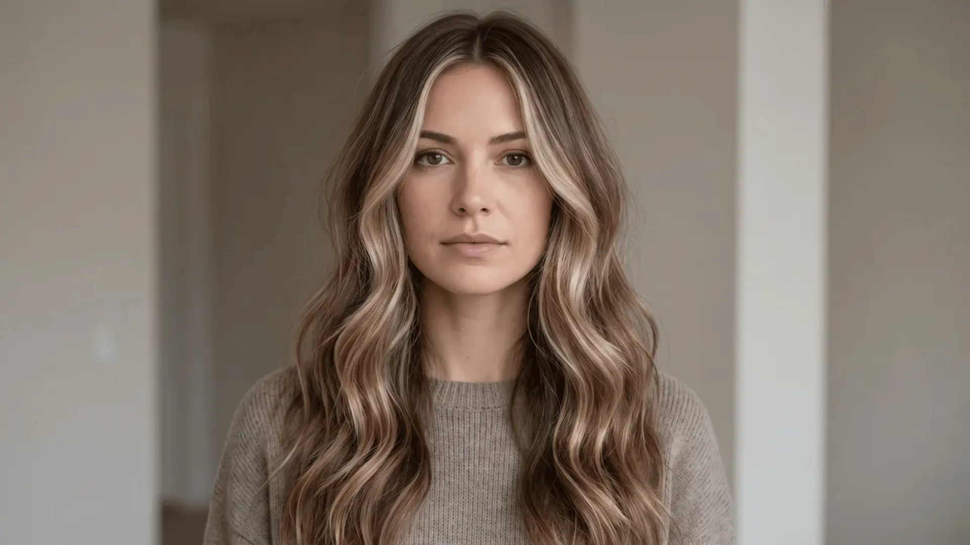 Face framed by soft teasy-light highlights blended through the front sections of hair