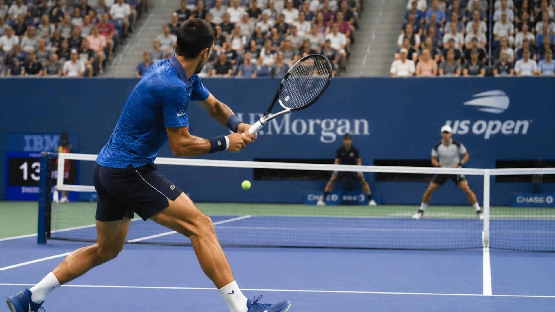 a player stretches for a backhand return at the US Open