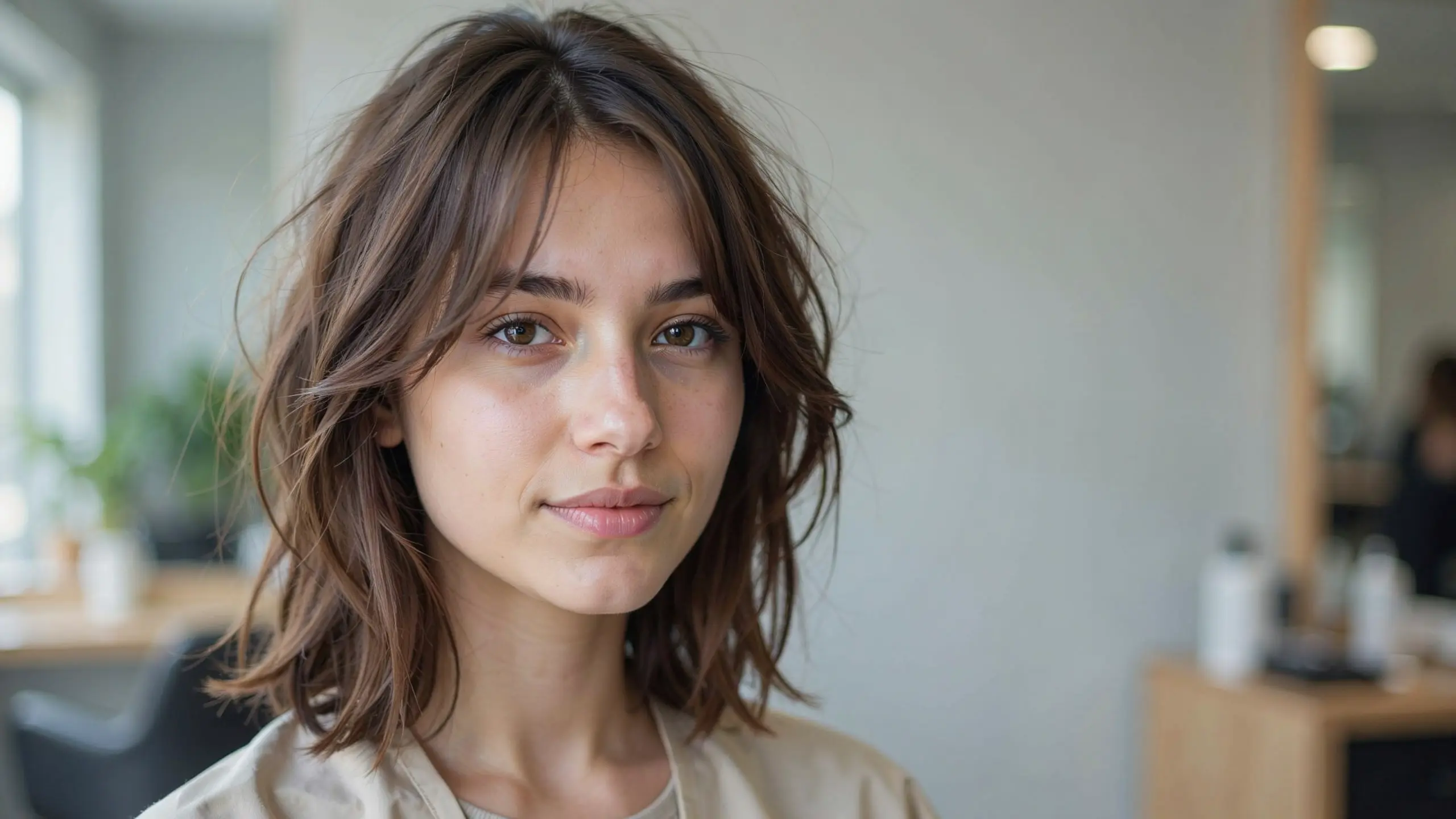 Textured bangs with wispy layers and tousled medium length hair for a casual look