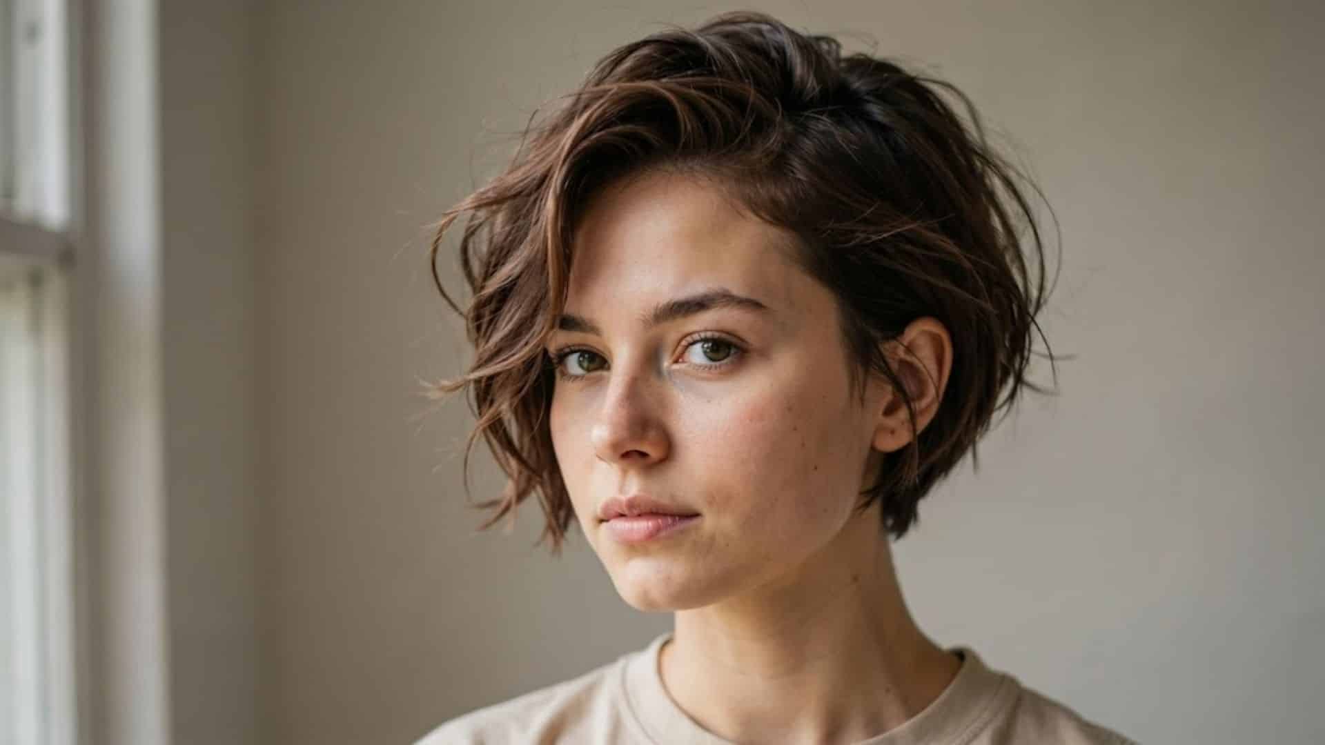 Wavy textured pixie cut with tousled layers and natural movement.