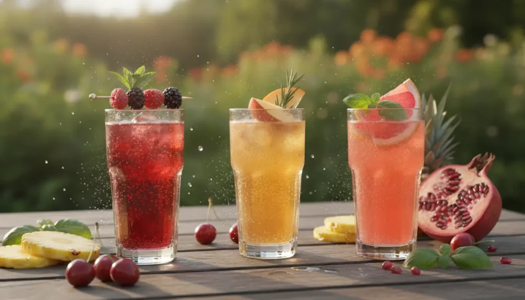 Three refreshing fruit sodas on wooden table with garnishes in sunny outdoor garden setting