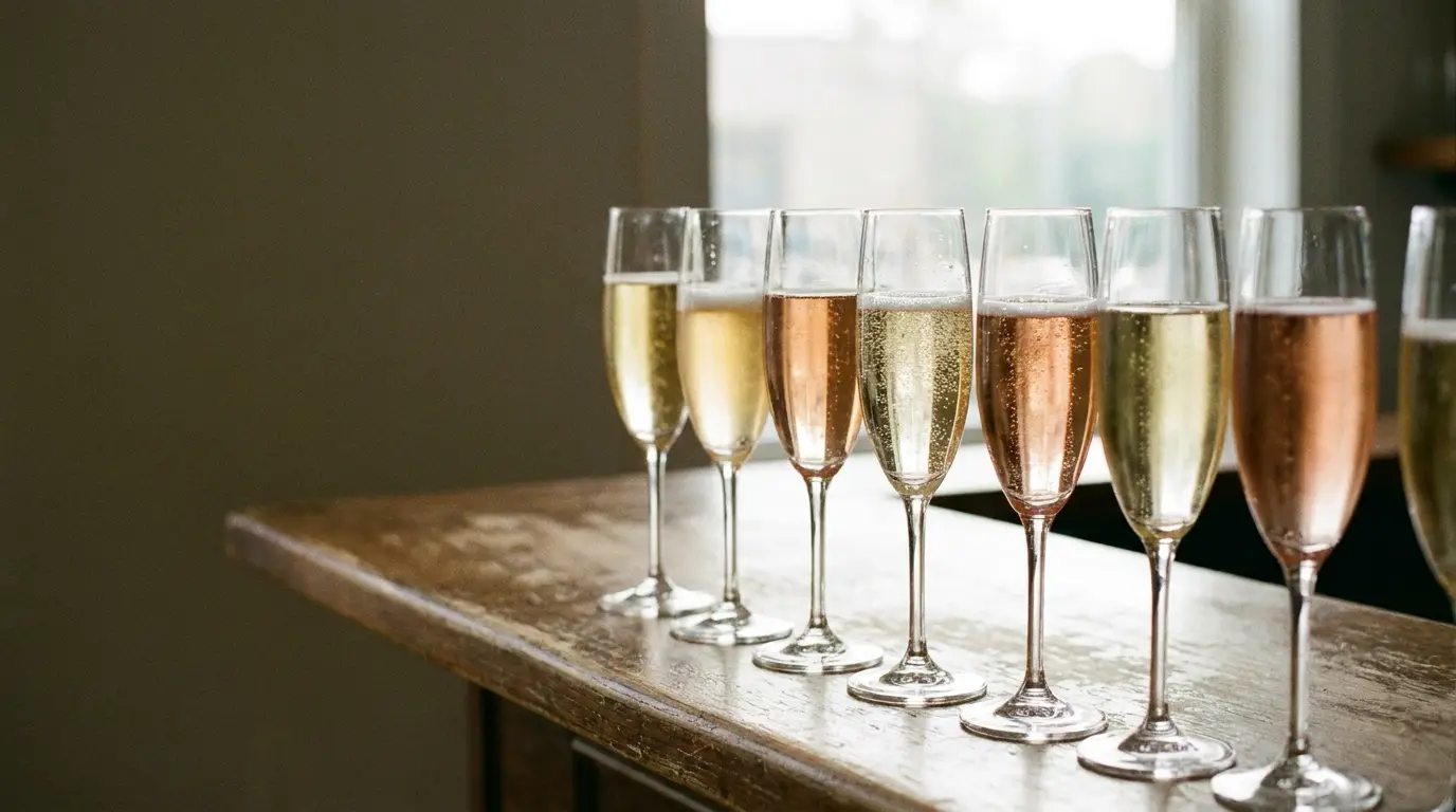 Chilled champagne flutes with varying hues on rustic wooden table in soft natural light