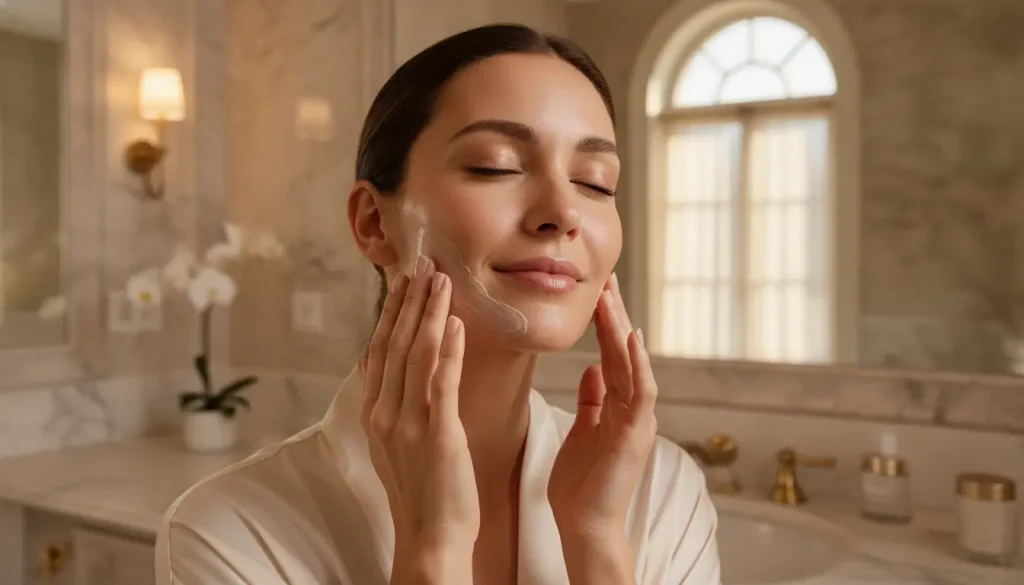 Woman applying cream to her face in luxurious marble bathroom with soft lighting