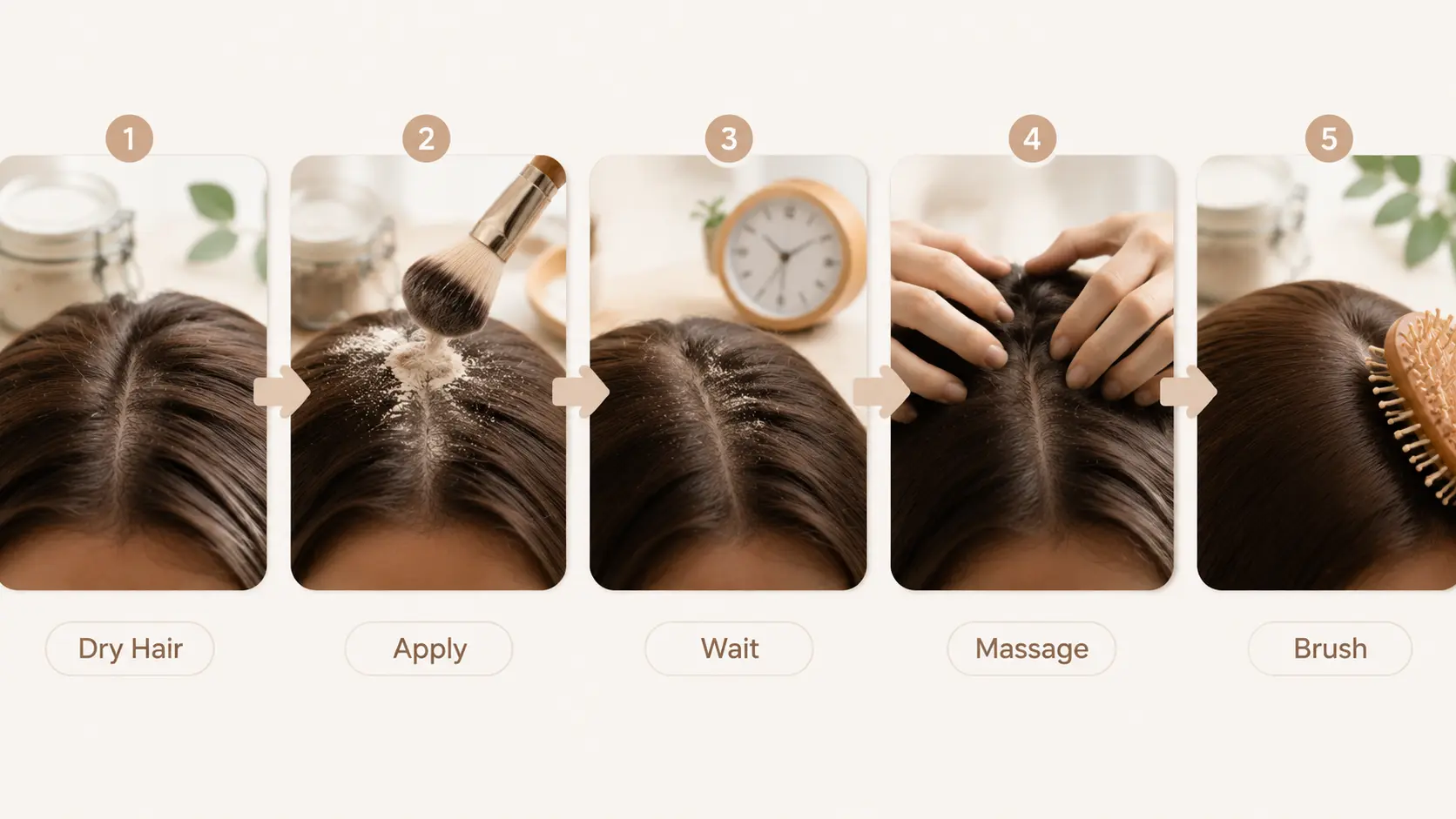 the correct steps to apply DIY dry shampoo using a makeup brush and hairbrush