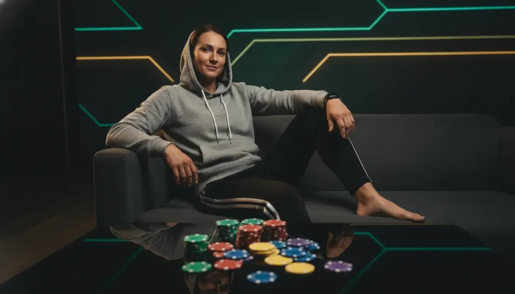 Person in gray hoodie sitting on couch with poker chips on reflective table in dimly lit room