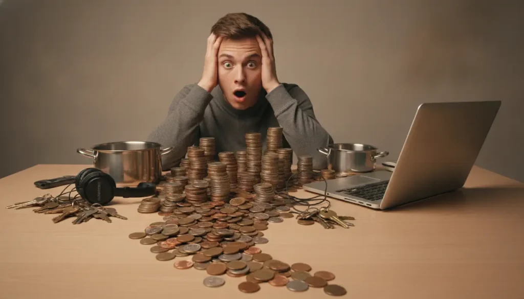 Man looking shocked at piles of coins, laptop, keys, and headphones on wooden table