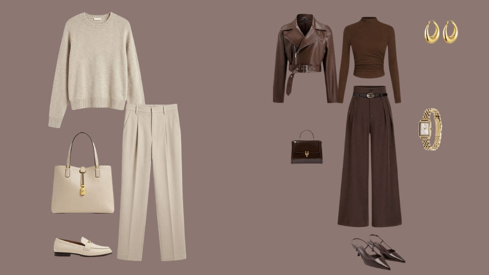 Minimalist monochrome outfit with neutral top, matching trousers, heels, handbag, and gold accessories.