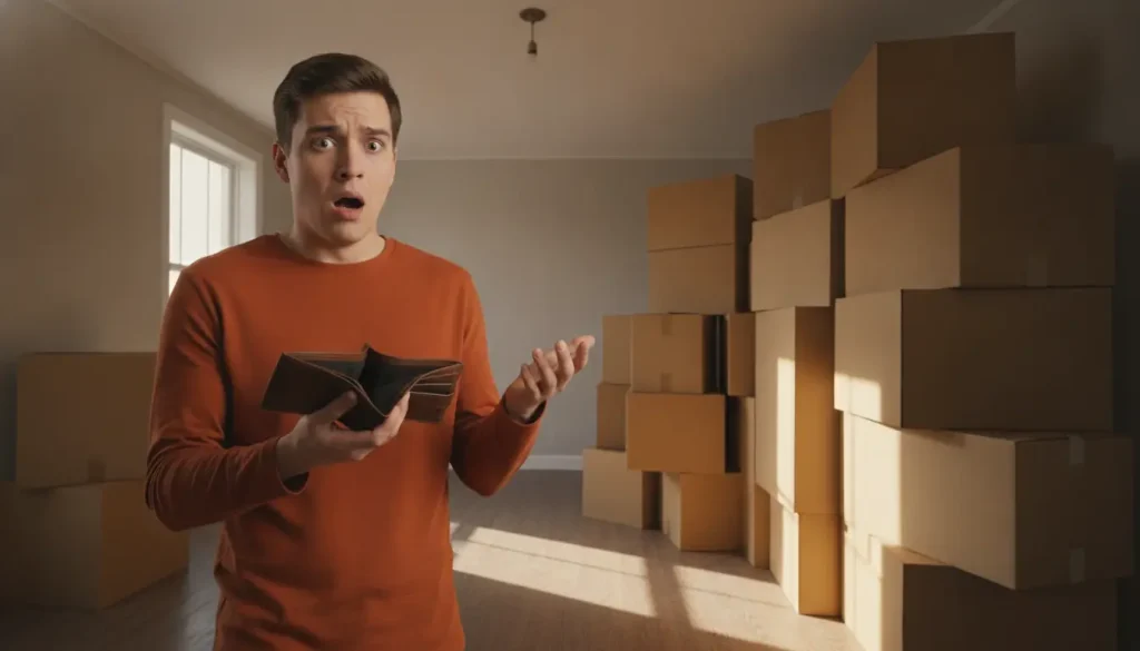 Man in orange sweater holding an empty wallet in room with stacked cardboard boxes