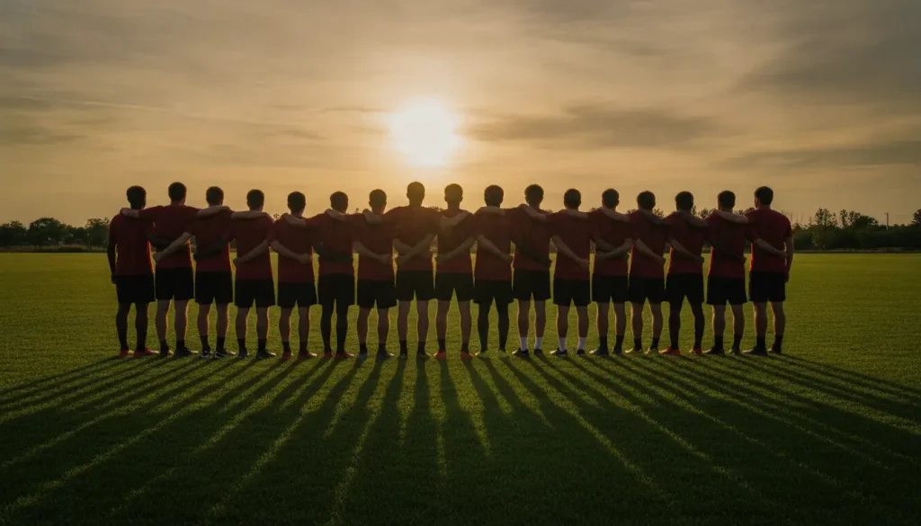 Soccer team in red jerseys standing in line on field during sunset