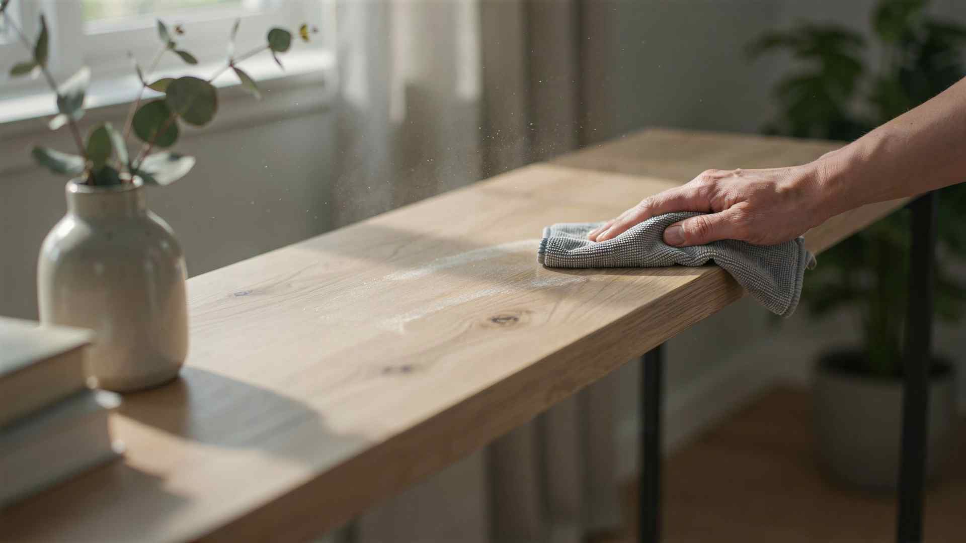 Wiping a shelf with a damp microfiber cloth to remove dust
