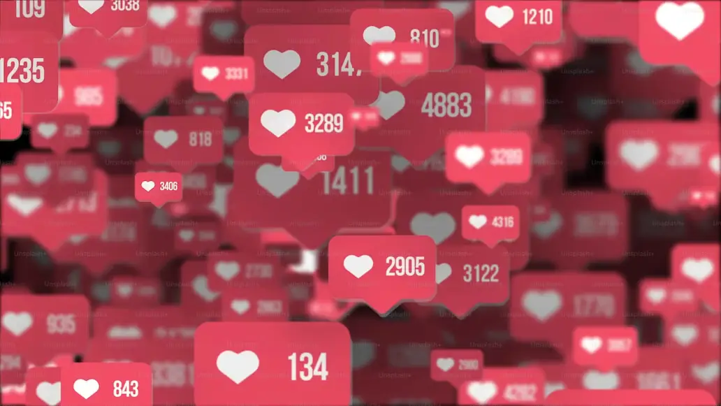 Floating red social media notification icons with white heart symbols and numbers