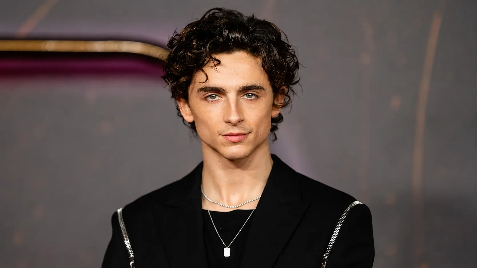 Timothee chalamet with dark curly hair wearing a black blazer and layered necklaces against a soft studio background shot.