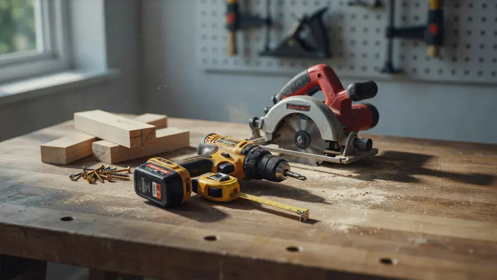 DIY kitchen island tools arranged on a workbench for kitchen island plans and home woodworking projects setup area.