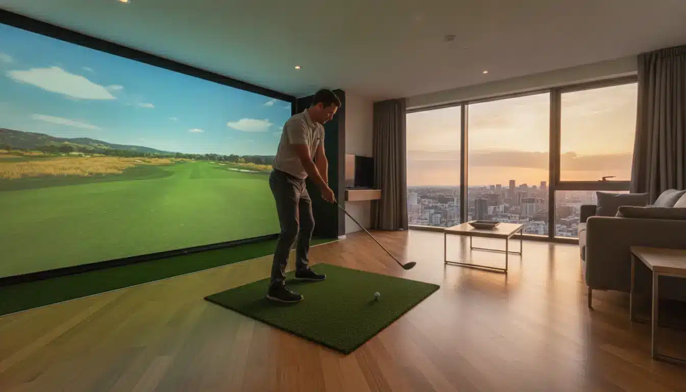 Man practicing golf swing indoors with city view at sunset next to virtual screen