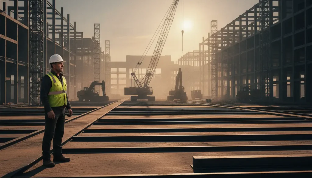Construction worker wearing a safety vest and hard hat standing in a large industrial site