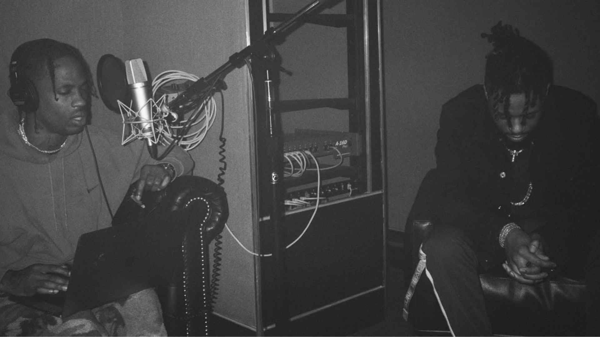 Producer Metro Boomin with artist Travis Scott in the studio