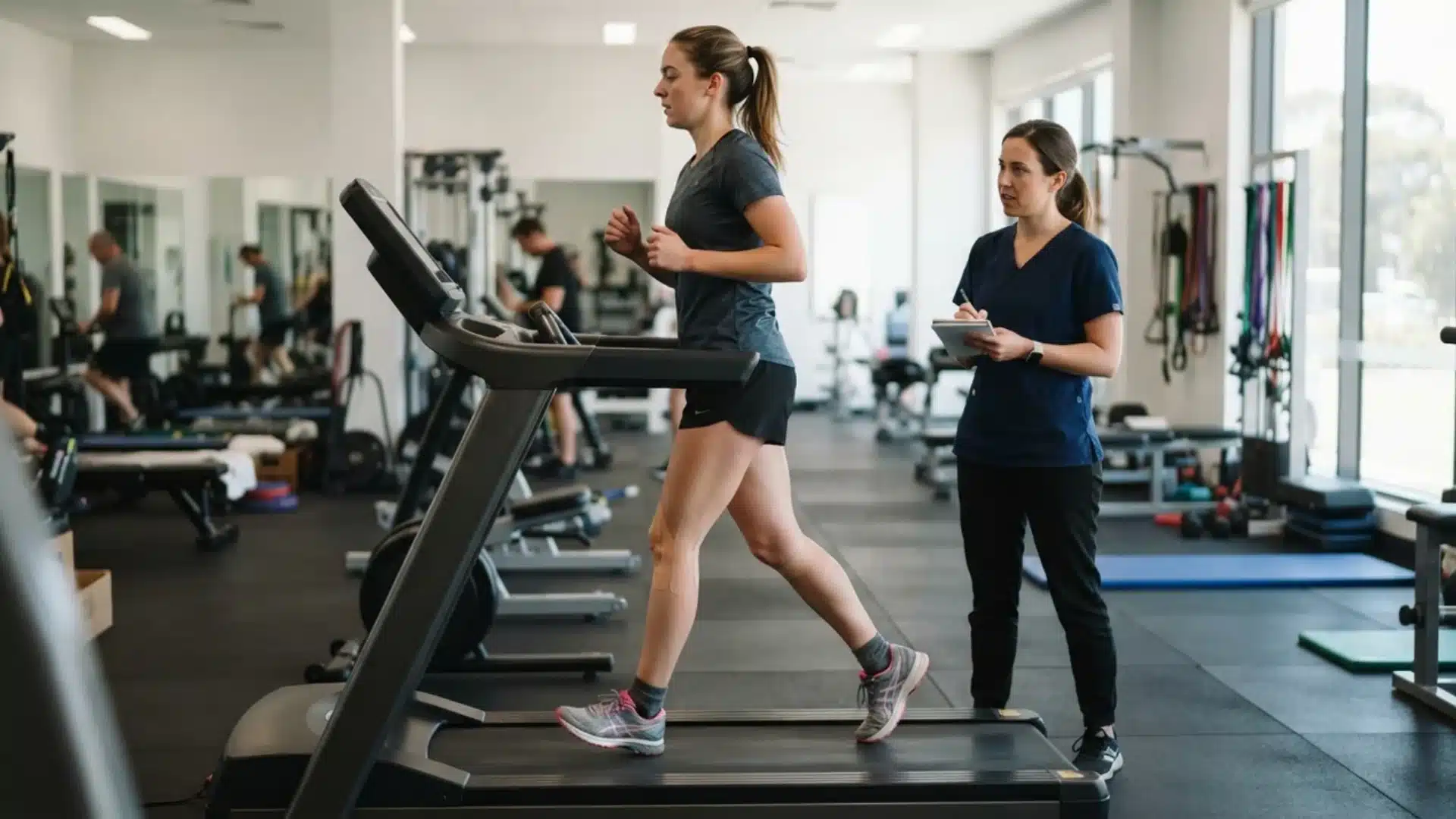 A physical therapist takes notes while analyzing a patient running on a treadmill