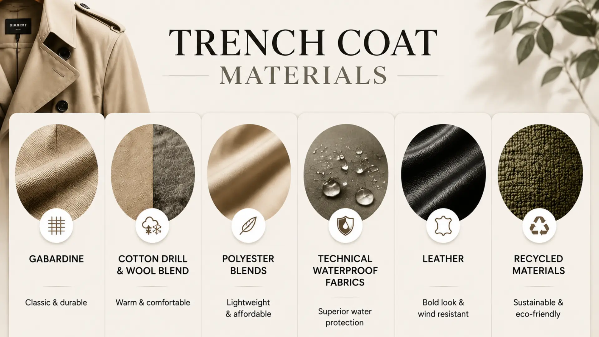 Infographic showing trench coat materials including gabardine, wool blends, polyester, leather, and recycled fabrics.