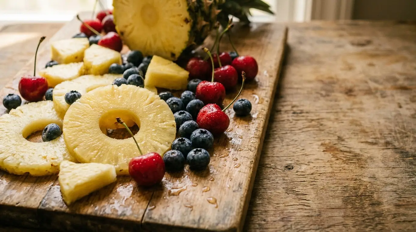 Slices of pineapple, cherries, and blueberries on rustic wooden board