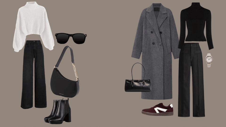 Minimalist outfit with a fitted turtleneck, straight-leg trousers, blazer.