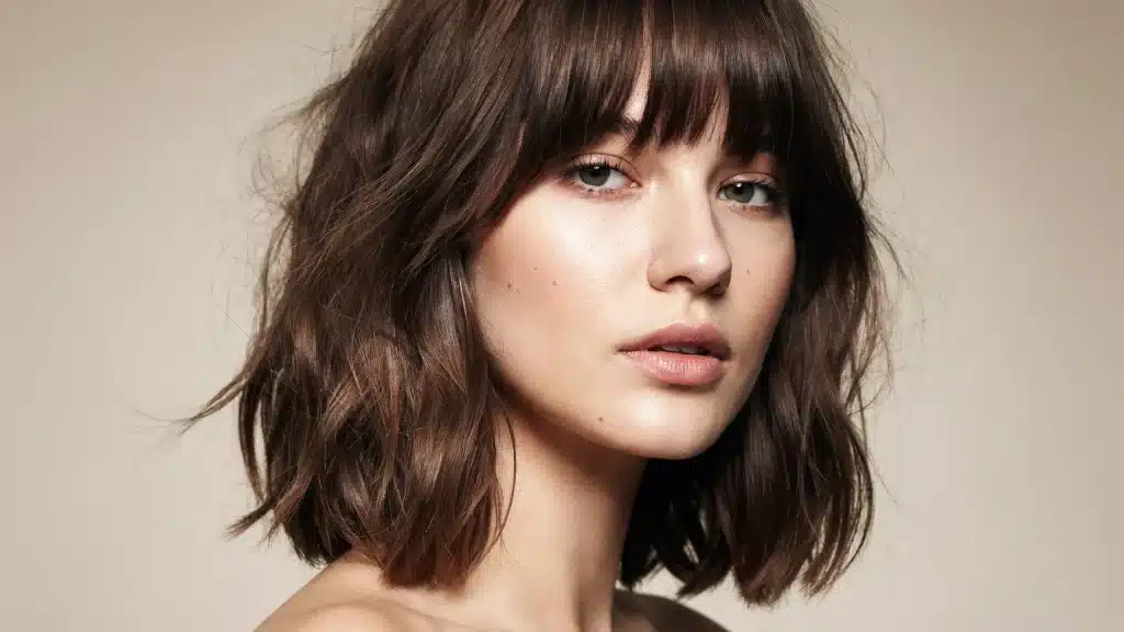 Woman with textured full bangs and layered shoulder length hair showing a modern soft fringe hairstyle