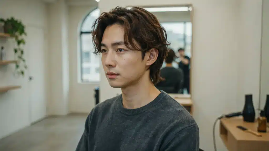 Asian man showcasing a Korean perm hairstyle with soft waves, layered texture, and natural volume in a modern salon setting.