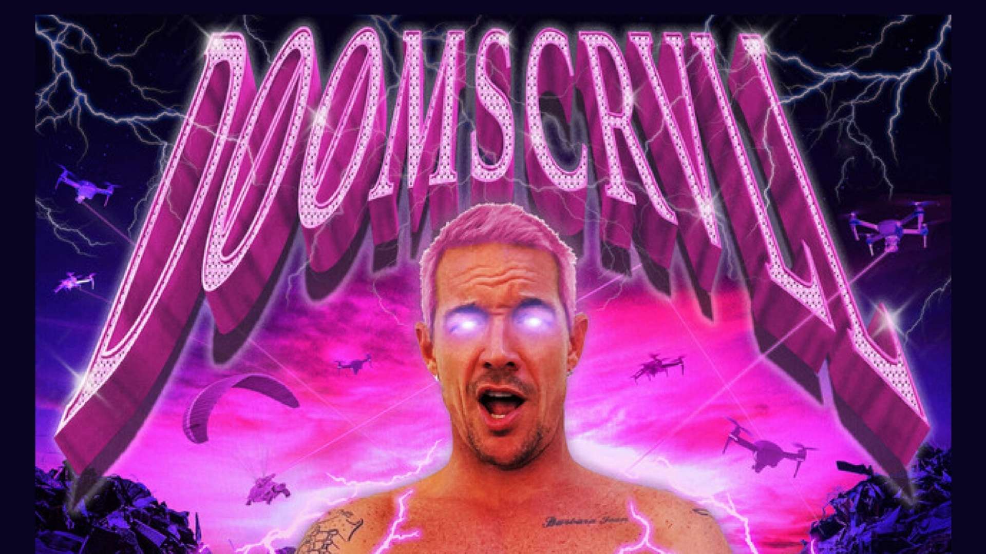 Neon phonk aesthetic cover art with glowing eyes man lightning sky drones and vibrant pink cyber energy atmosphere