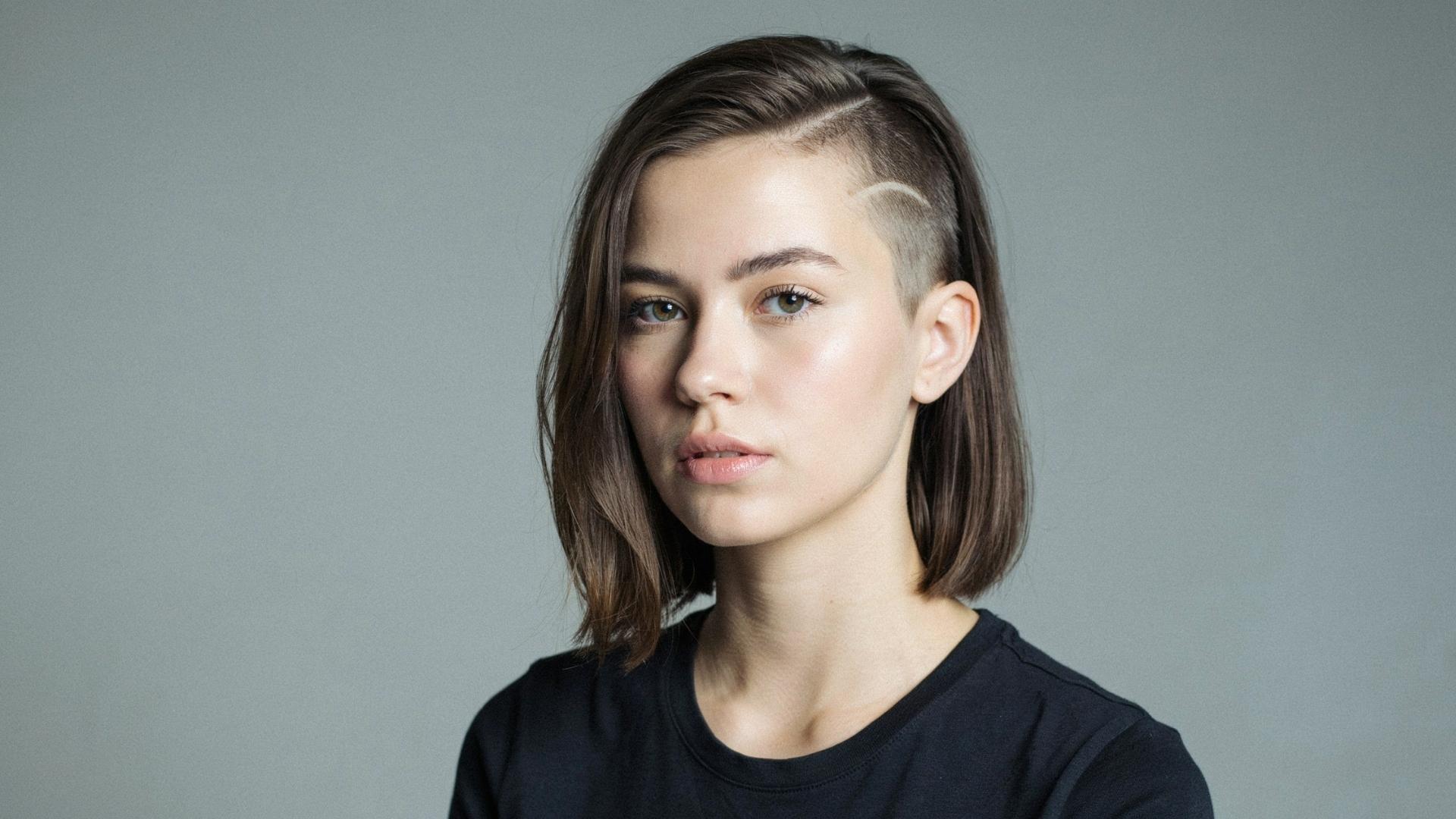 Undercut with long top, sleek strands falling over shaved sides.