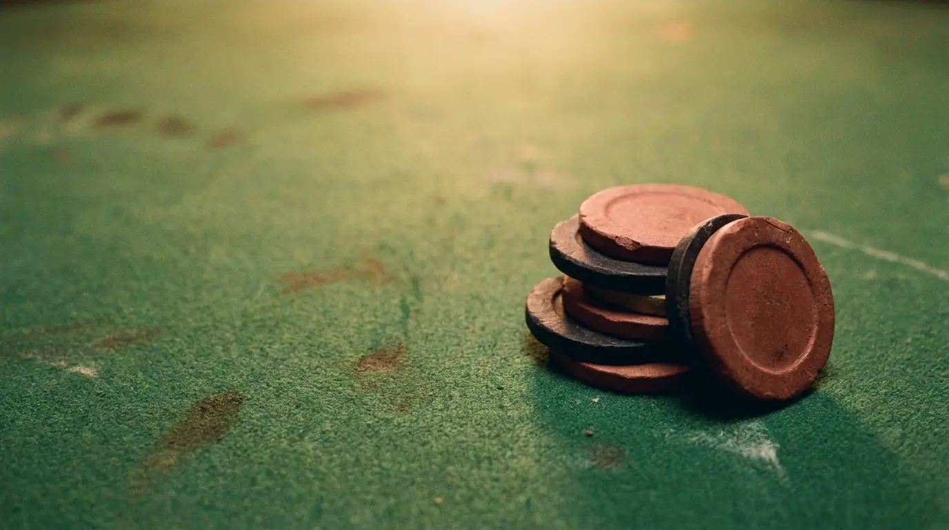 Stack of poker chips on green felt table under warm lighting