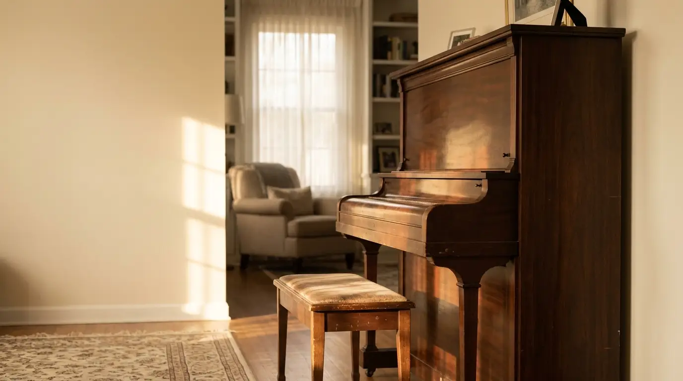Upright piano and bench in warmly lit living room with armchair and bookshelf