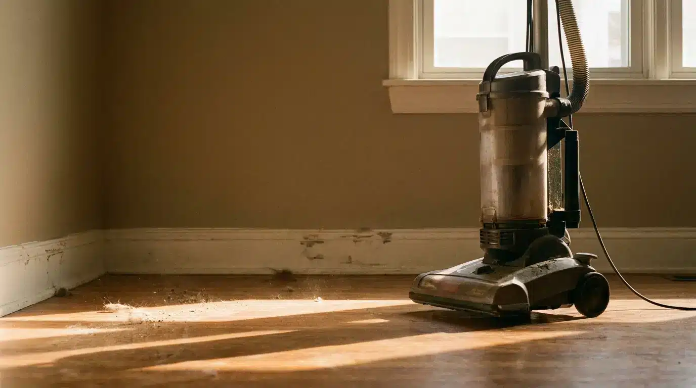 Vacuum cleaner on dusty wooden floor in sunlight-filled room