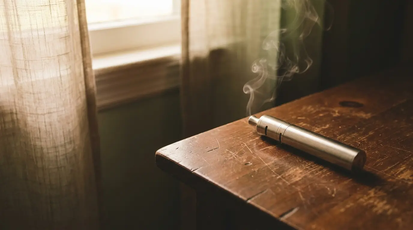 Silver vape pen emitting vapor on wooden table next to curtain in soft natural light