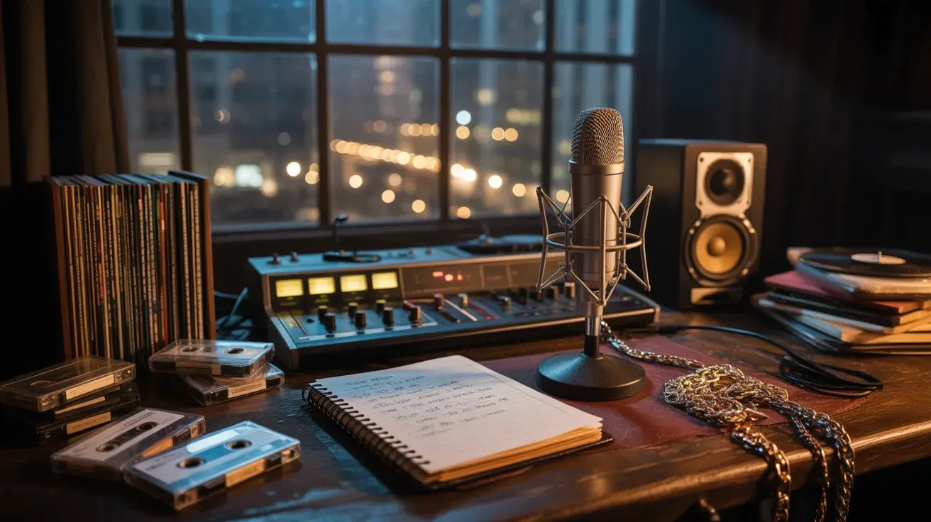 Vintage hip-hop studio setup with microphone, vinyl records, cassette tapes, lyric notebook, and city lights at night.