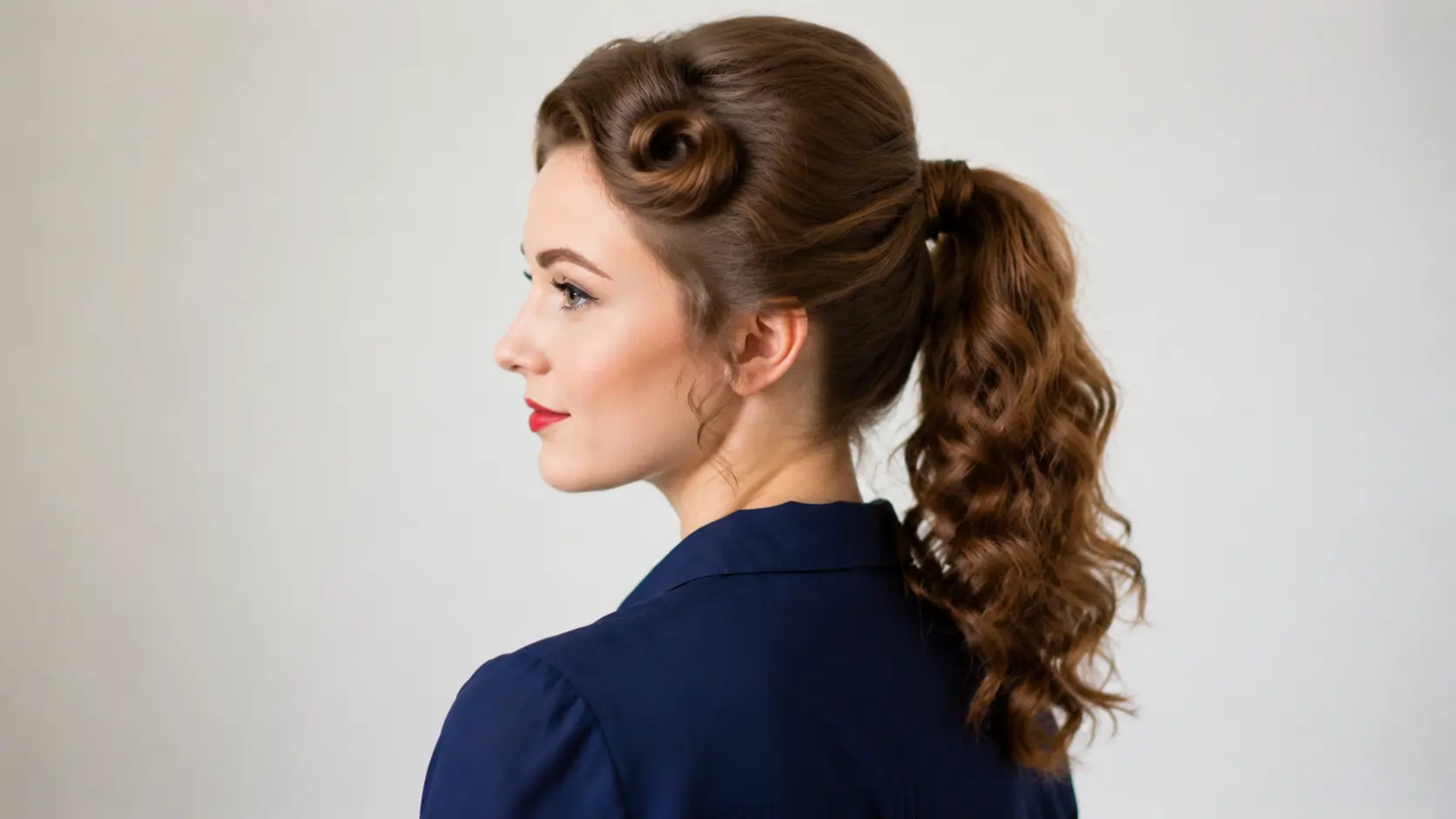 Retro ponytail hairstyle with a teased crown, soft curls, and a vintage-inspired voluminous ponytail look.