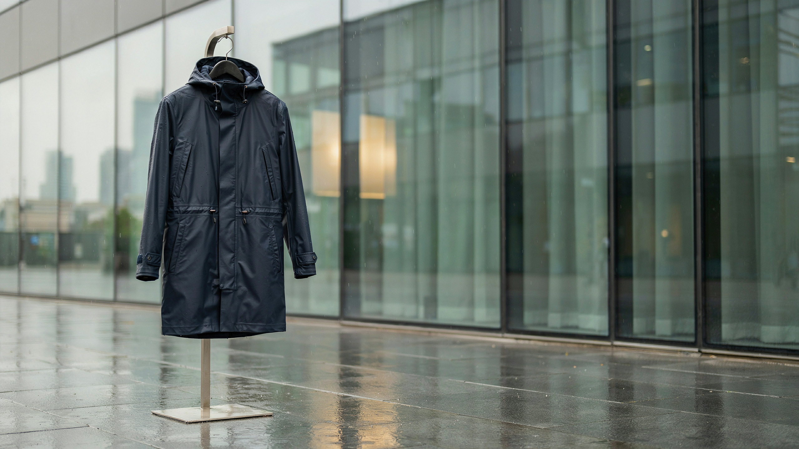 Navy waterproof technical trench coat on a stand in light rain outside a modern glass building.