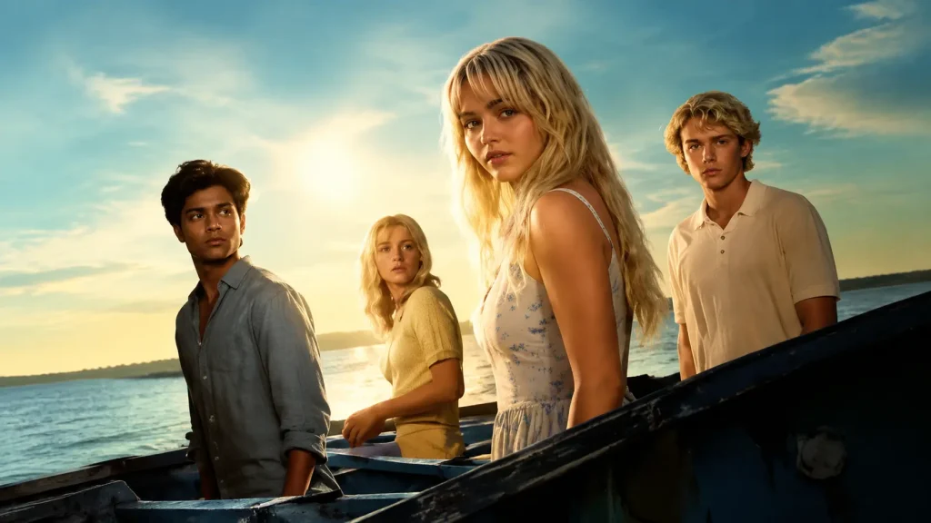 Cadence Sinclair, Gat Patil, Johnny Sinclair, and Mirren Sinclair from We Were Liars standing by the water in a cinematic scene.